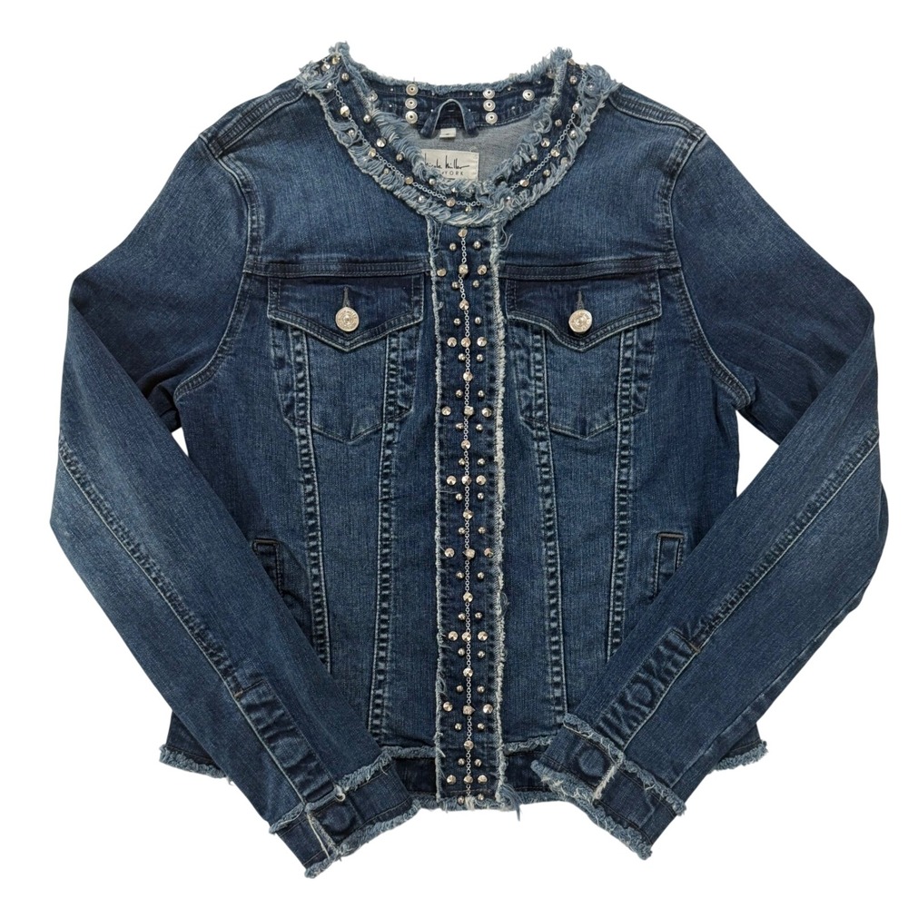 Nicole Miller Embellished Stretch Denim Jacket Fringe Trim Studded Sz S (240)